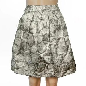 Burberry Metallic Silver Silk Jacquard Printed Pleated Full Skirt